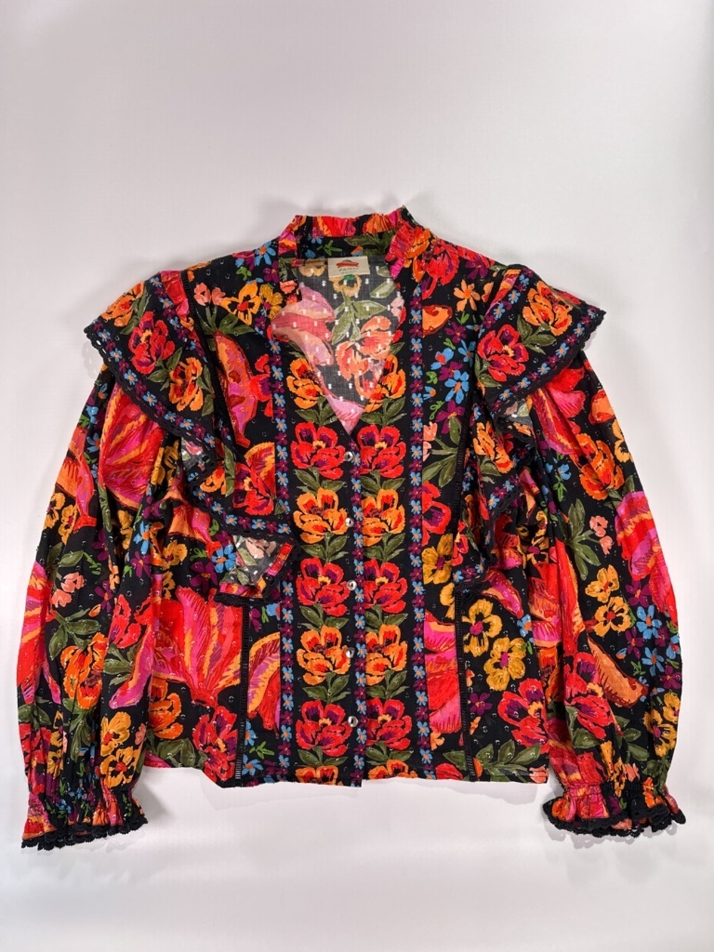 FARM Rio NWOT Black Floral Ruffle Swiss Dot Cotton Blouse Large - Picture 2 of 13